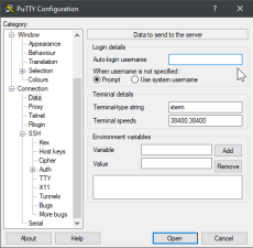 PuTTY Data settings PuTTY Data settings